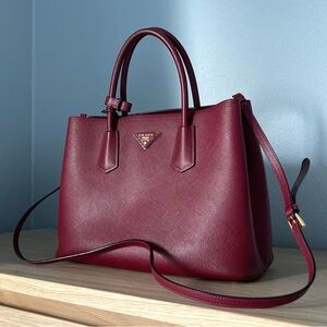 PRADA Medium Saffiano Cuir Double Bag Dark Red